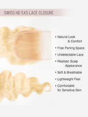 Brooklyn Hair 5x5 HD Lace Closure – Body Wave Platinum Blonde #613 True Swiss HD 100% Remy