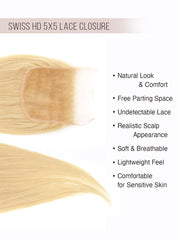 Brooklyn Hair 5x5 HD Lace Closure – Straight Platinum Blonde #613 True Swiss HD 100% Remy