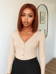 Brooklyn Hair Reddish Brown! Blunt Cut Glueless Wig 5x5 Swiss HD Pre-Cut Lace Bob Invisible Small Knots Bob Style 10-12" / REDDISH BROWN