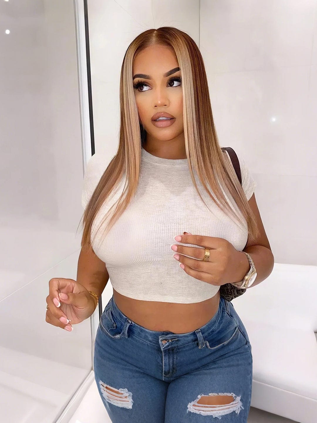 Brooklyn Hair Warm Light Elegance Silky Straight 13x4 HD Lace Front Wig Sun-Kissed 180% Density