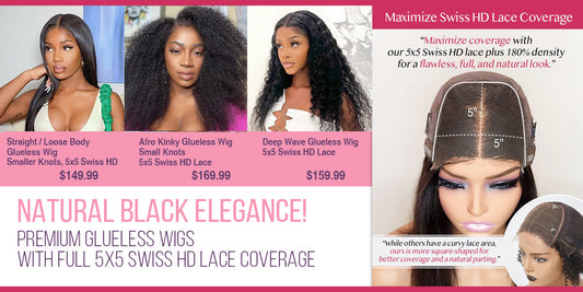 Natural Black Elegance! Premium Glueless Wigs with Full 5x5 Swiss HD Lace Coverage