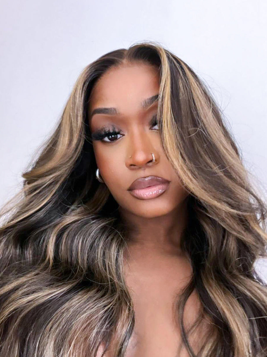 Blonde Highlights Loose Body Wave Glueless Wig Invisible Small Knots 5x5 Swiss HD Pre-Cut Lace 180% Density Sun-Kissed