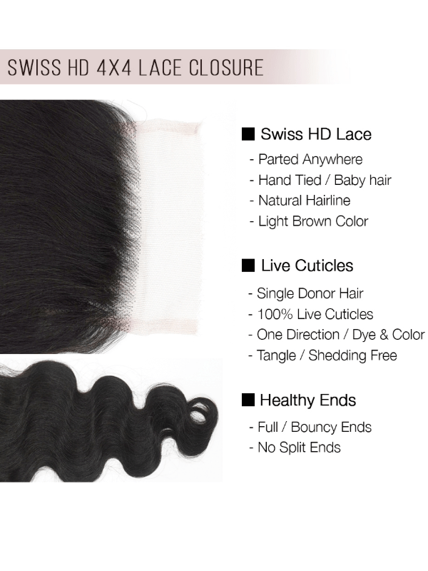 Brooklyn Hair 4x4 HD Lace Closure – Body Wave True Swiss HD 100% Remy Human Hair