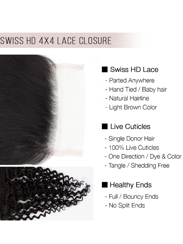 Brooklyn Hair 4x4 HD Lace Closure – Bohemian Jerry Curl True Swiss HD 100% Remy Human Hair 14" / Natural Black / Free