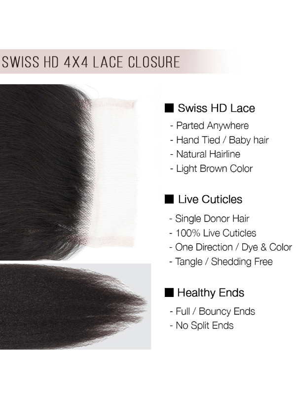 Brooklyn Hair 4x4 HD Lace Closure – Kinky Straight True Swiss HD 100% Remy Human Hair 14" / Natural Black / Swiss HD