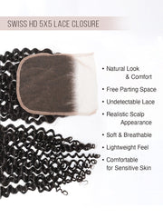 Brooklyn Hair 5x5 HD Lace Closure – Bohemian Jerry Curl True Swiss HD 100% Remy Human Hair 14-16" / Water Wave / Swiss HD Lace