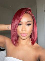 Ruby Red Color Pop Wig Blunt Cut Bob Style 13x4 HD Lace Front Wig Straight 12" 180% Density