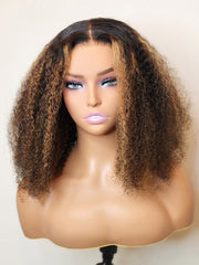 Blonde Highlights Afro Kinky Curly Glueless Wig 180% Density Small Knots 5x5 Swiss HD Pre-Cut Lace Sun-Kissed