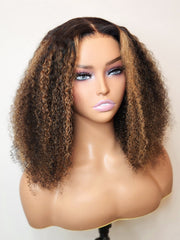 Blonde Highlights Afro Kinky Curly Glueless Wig 180% Density Small Knots 5x5 Swiss HD Pre-Cut Lace Sun-Kissed