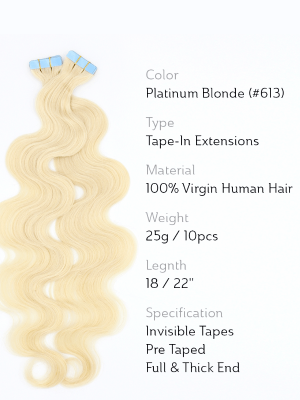 Brooklyn Hair #613 Tape-In Extensions Soft Body Wave in Platinum Blonde
