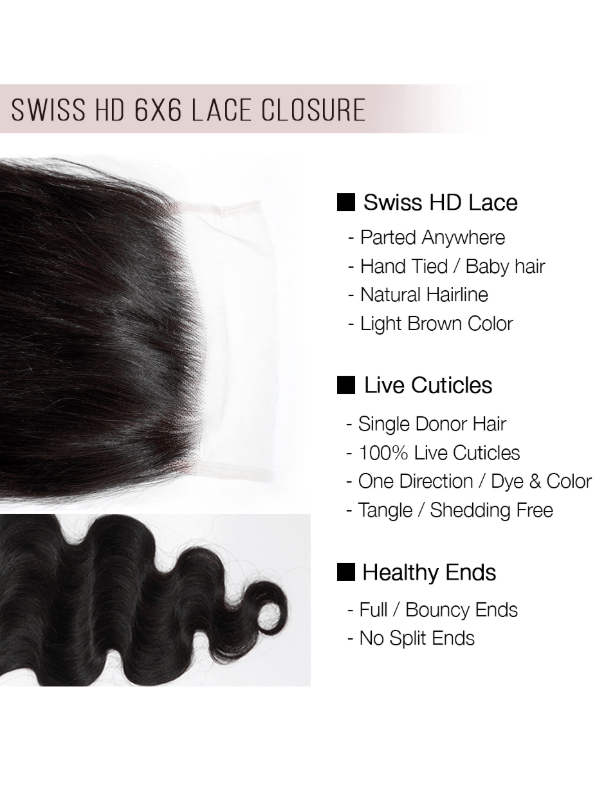 Brooklyn Hair 6x6 HD Lace Closure – Body Wave True Swiss HD 100% Remy Human Hair