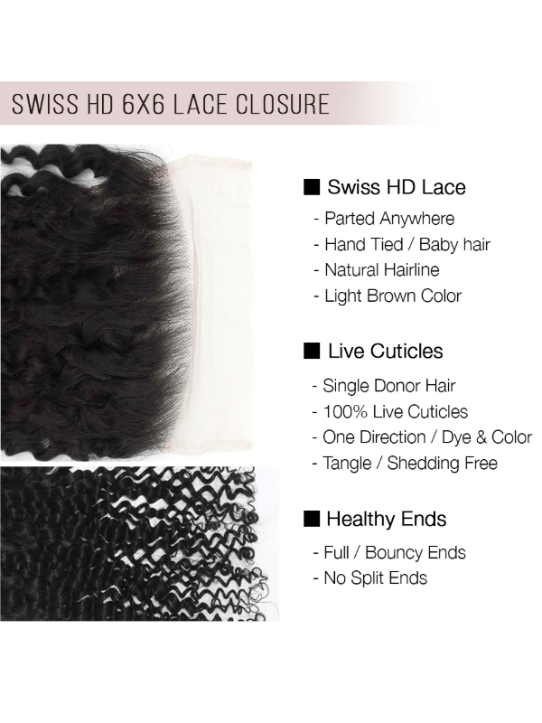 Brooklyn Hair 6x6 HD Lace Closure – Bohemian Jerry Curl True Swiss HD 100% Remy Human Hair 14" / Water Wave / Swiss HD Lace
