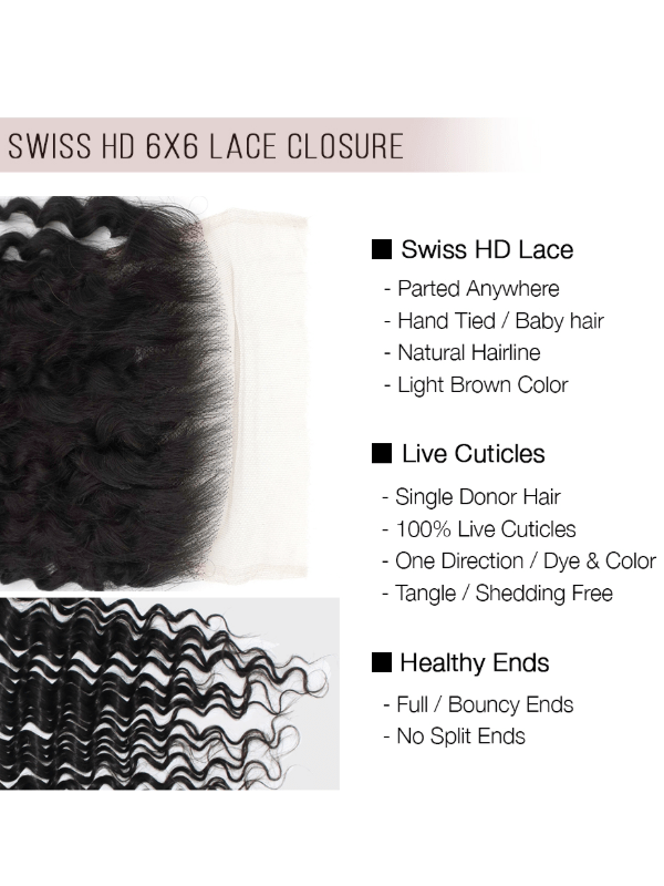 Brooklyn Hair 6x6 HD Lace Closure – Loose Deep Wave True Swiss HD 100% Remy Human Hair