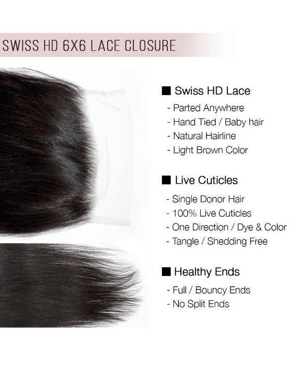 Brooklyn Hair 6x6 HD Lace Closure – Straight True Swiss HD 100% Remy Human Hair