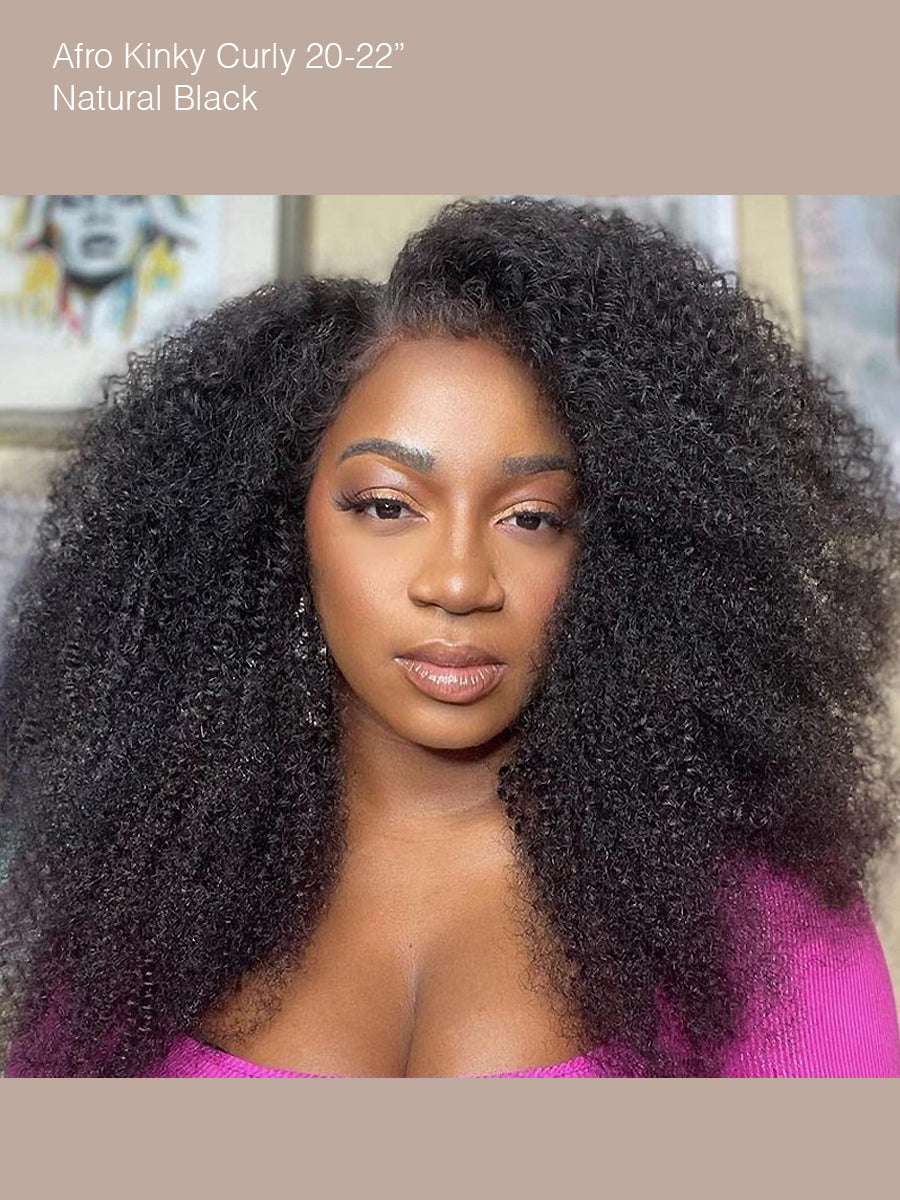 Afro Kinky Curly Glueless Wig 180% Density Invisible Small Knots 5x5 Swiss HD Pre-Cut Lace Natural Black