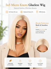 #613 Blunt Cut 5x5 Swiss HD Lace Glueless Wig Bob 12" Platinum Blonde
