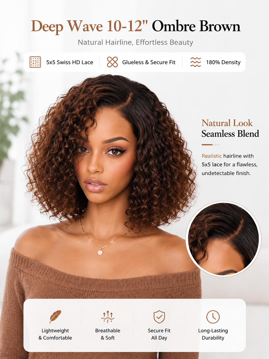 BKLYN HAIR ombre brown deep wave 10 to 12 inch 5x5 HD lace glueless bob wig