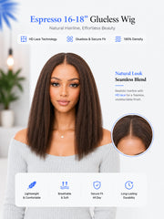 Espresso Brown Kinky Straight Glueless Wig 5x5 HD Lace 16-18" 180% Density