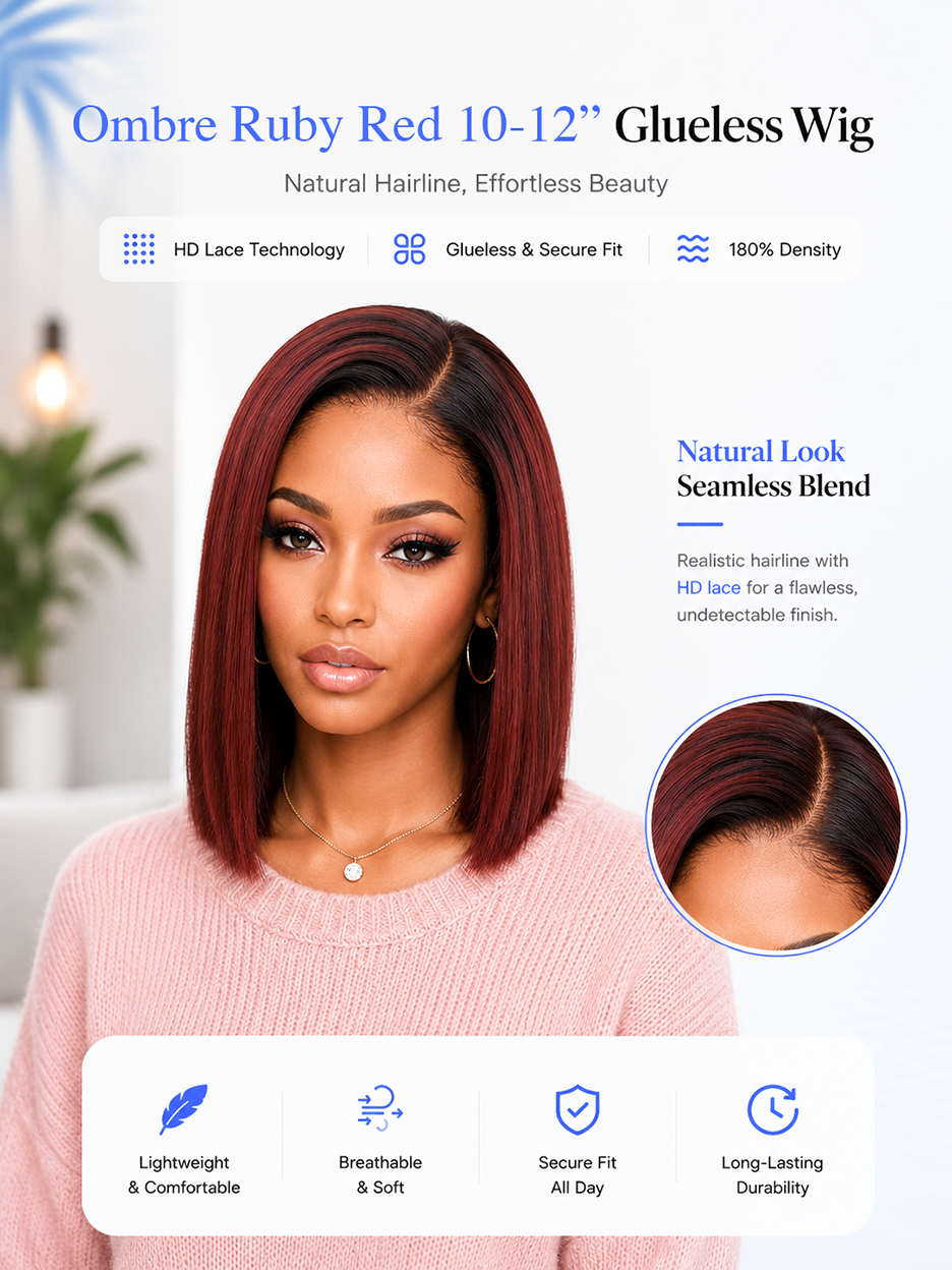 BKLYN HAIR ombre ruby red 10 to 12 inch 5x5 HD lace glueless bob wig
