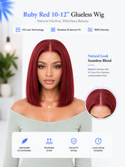 Ruby Red Bob Glueless Wig Invisible Knots Silky Straight 10-12"