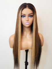 Blonde Highlights Silky Straight Glueless Wig Small Knots 5x5 Swiss HD Pre-Cut Lace Sun-Kissed