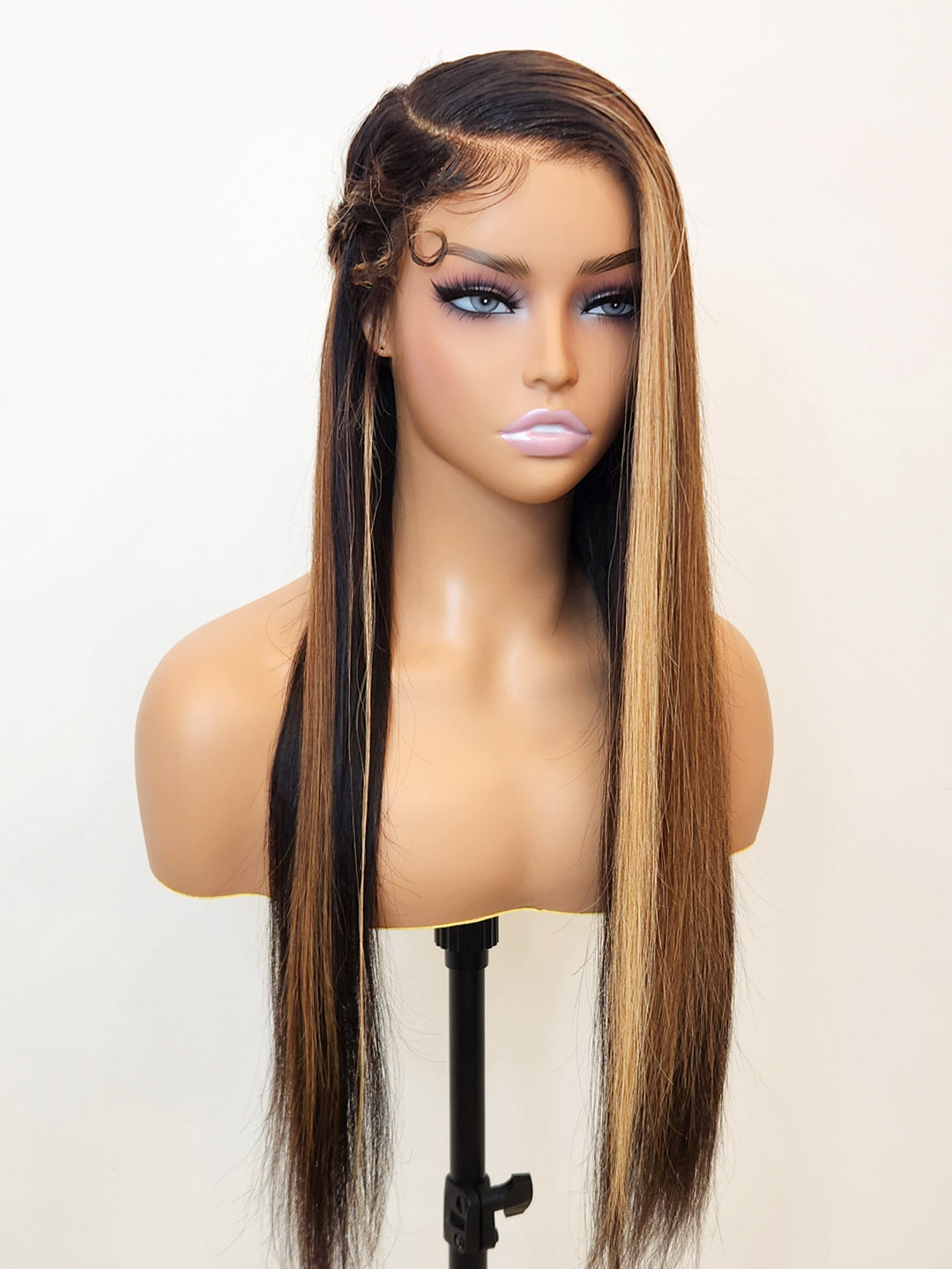 Blonde Highlights Silky Straight Glueless Wig Small Knots 5x5 Swiss HD Pre-Cut Lace Sun-Kissed