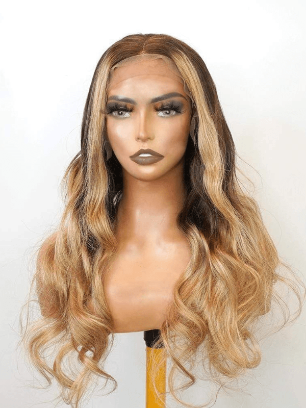 Brooklyn Hair Blonde Highlighted Parting Max! Natural Loose Body Wave 100% Human Ear to Ear 13x6 Lace Front Wig 24-26" 24-26" / Ombre Blonde