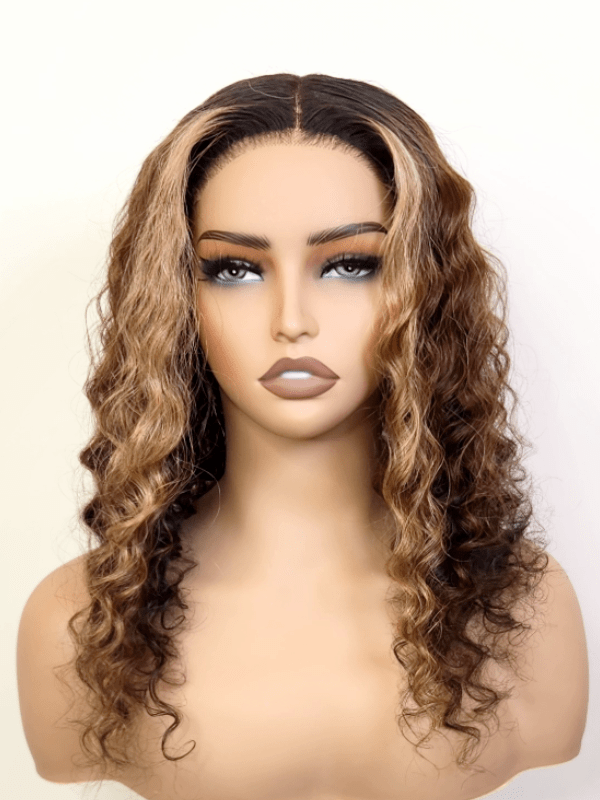 Brooklyn Hair Blonde Highlights Deep Wave Glueless Wig Invisible Small Knots 5x5 Swiss HD Pre-Cut Lace Sun-Kissed 16-18" / Sun-Kissed