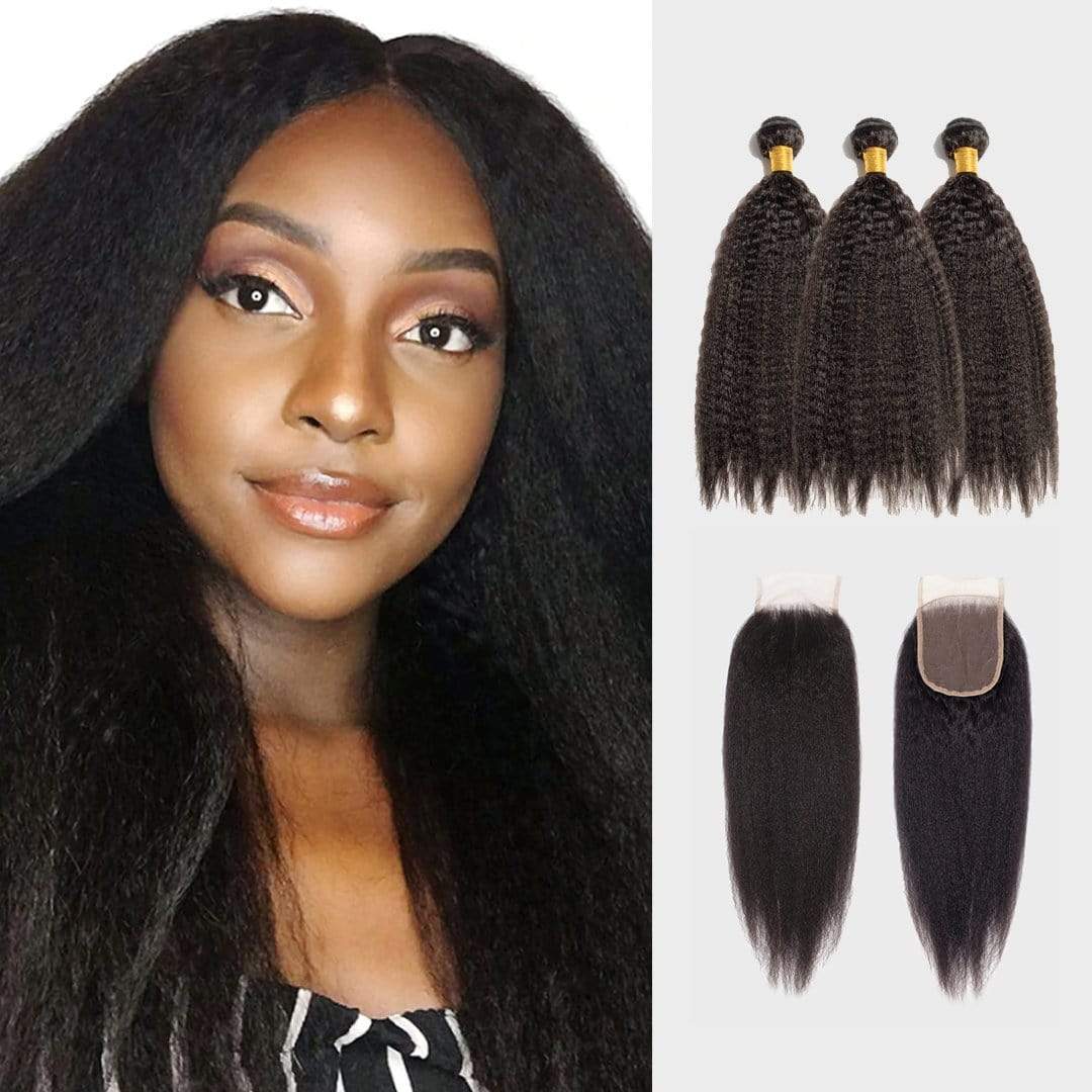 Brooklyn Hair 11A Kinky Straight / 3 Bundles with 4x4 Lace Closure Look - Brooklyn Hair