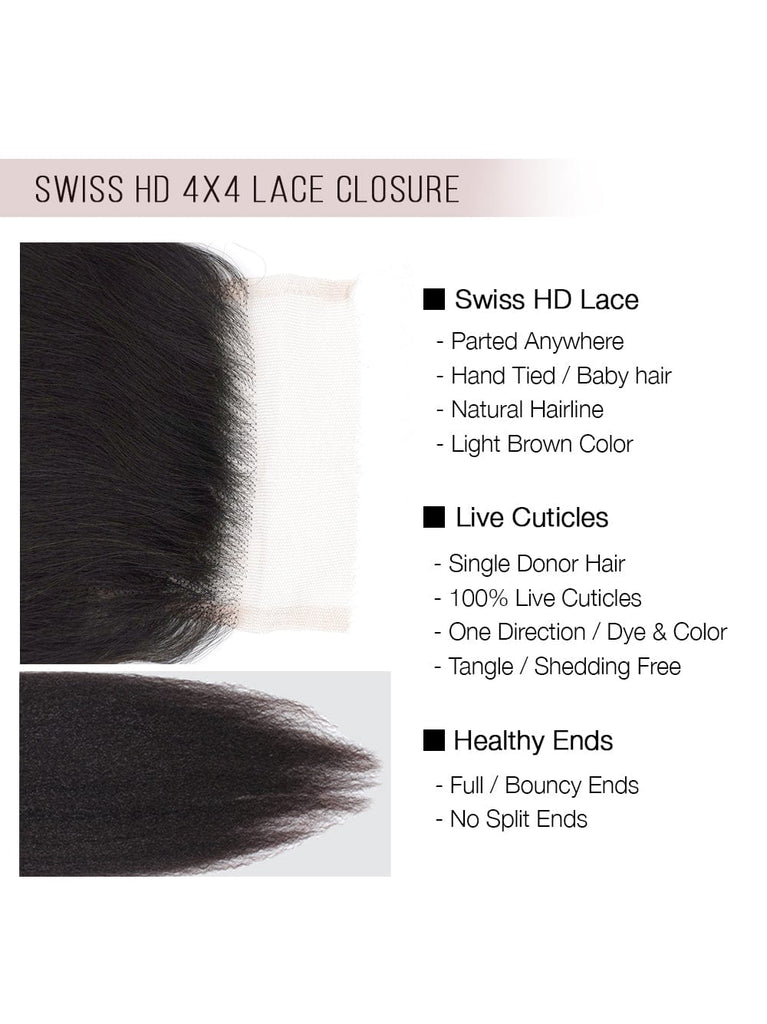Brooklyn Hair 11A True Swiss HD 4x4 Lace Closure Kinky Straight 14" / Natural Black / Free