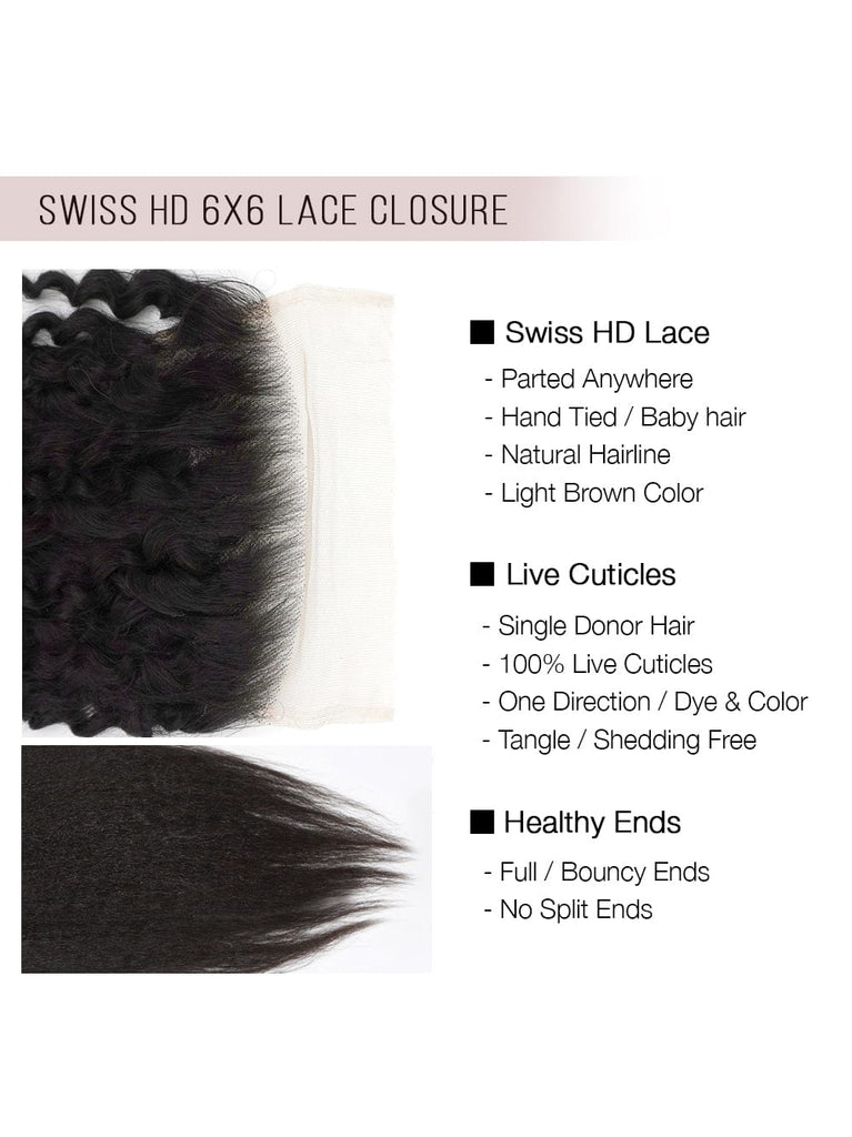 Brooklyn Hair 11A True Swiss HD 6x6 Lace Closure Kinky Straight 14" / Natural Black / Free