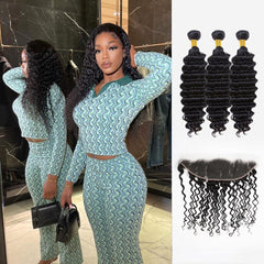 Brooklyn Hair Brooklyn Hair 11A Deep Wave / 3 Bundles with 13x4 Lace Frontal Look