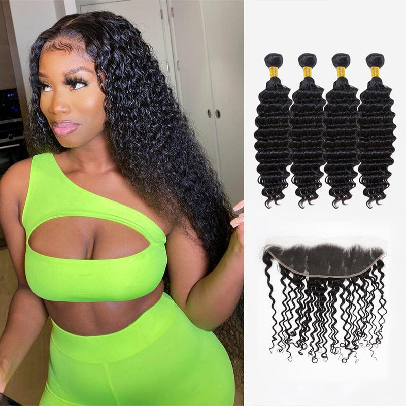 Brazilian Deep Wave Curly Virgin Hair 4 Bundles With 4x13 Lace