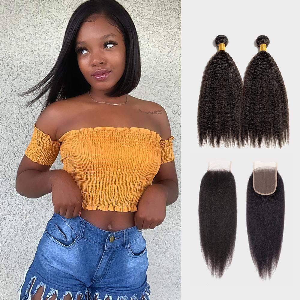 Brooklyn Hair 11A Kinky Straight / 2 Bundles with 4x4 Lace Closure Look - Brooklyn Hair