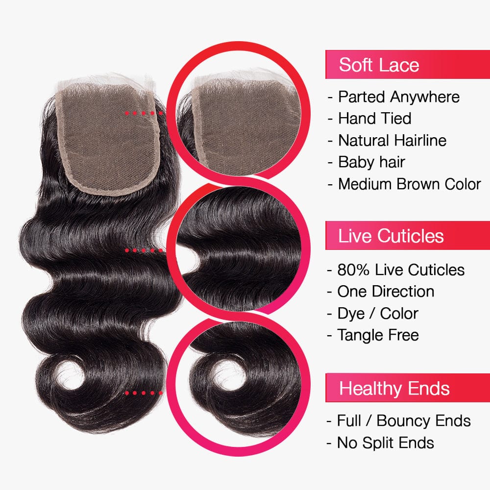 Brooklyn Hair Brooklyn Hair 7A Body Wave / 3 Bundles with 4x4 Lace Closure Look