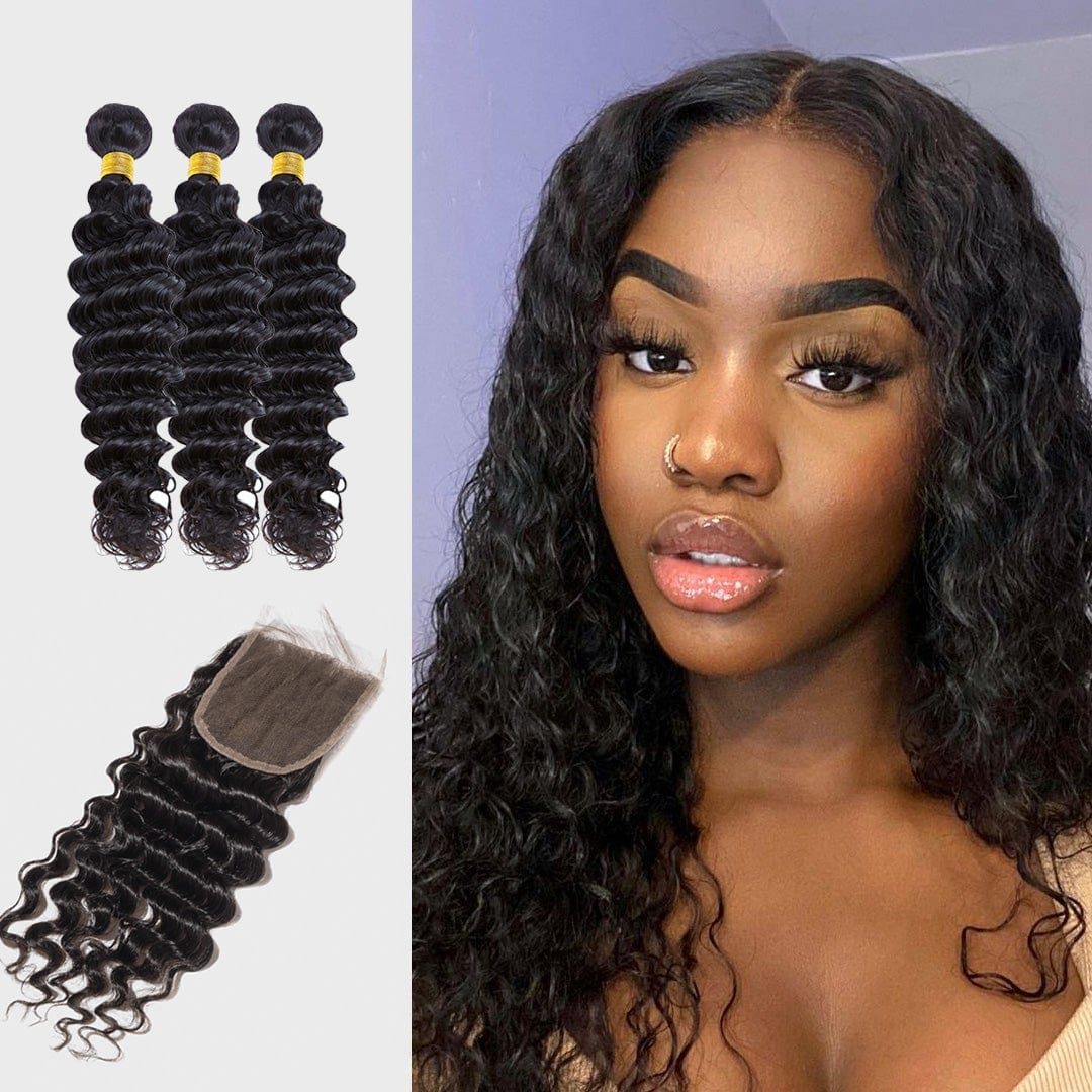 Brooklyn Hair Brooklyn Hair 7A Deep Wave / 3 Bundles with 4x4 Lace Closure Look Reg. Lace