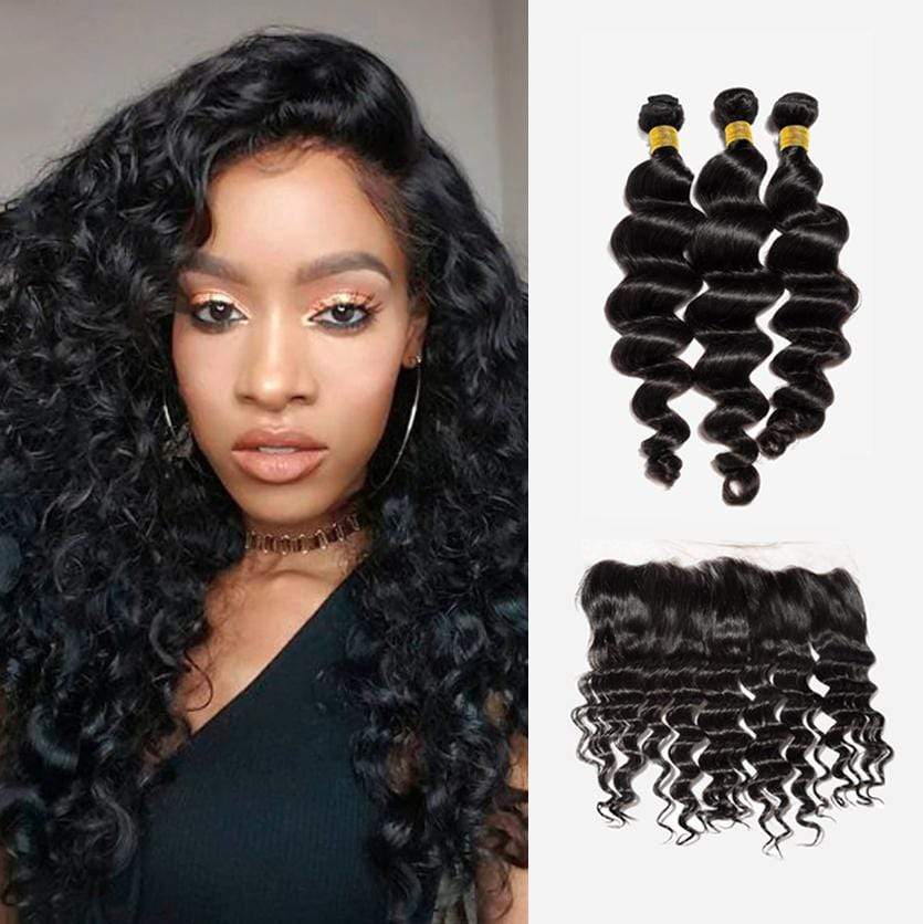 Brooklyn Hair Brooklyn Hair 7A Loose Wave / 3 Bundles with 13x4 Lace Frontal Look Natural Black