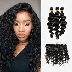 Brooklyn Hair Brooklyn Hair 7A Loose Wave / 3 Bundles with 13x4 Lace Frontal Look Natural Black