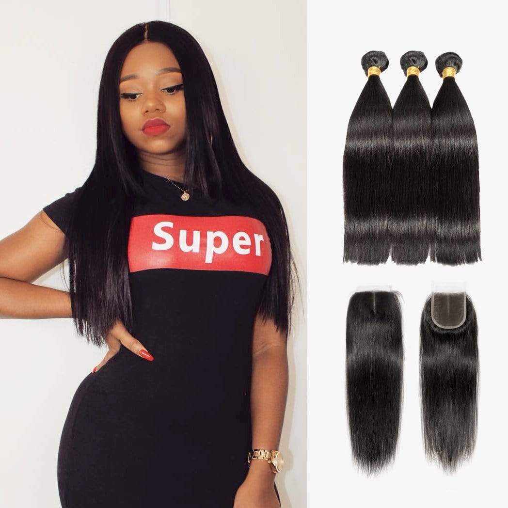 Brooklyn Hair Brooklyn Hair 7A Straight / 3 Bundles with 5x5 Lace Closure Look 5x5 Lace Closure / Natural Black