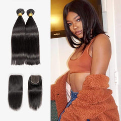 Brooklyn Hair 7A Straight / 2 Bundles with 4x4 Lace Closure Blunt Cut Look - Brooklyn Hair