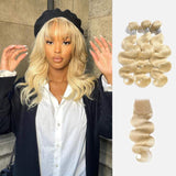 Brooklyn Hair 9A Platinum Blonde #613 Body Wave / 3 Bundles with 4x4 Lace Closure Look