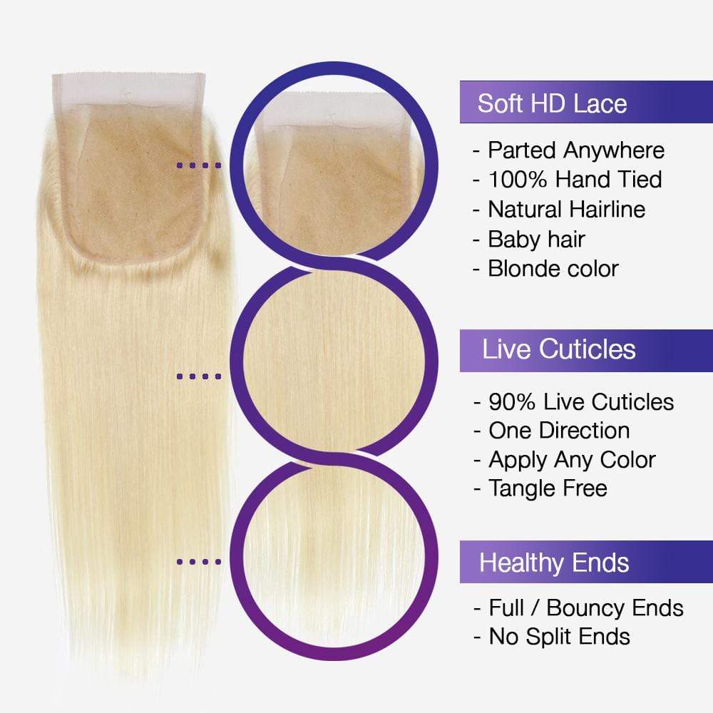 Brooklyn Hair 9A Platinum Blonde #613 Straight / 3 Bundles with 4x4 Lace Closure Look - Brooklyn Hair