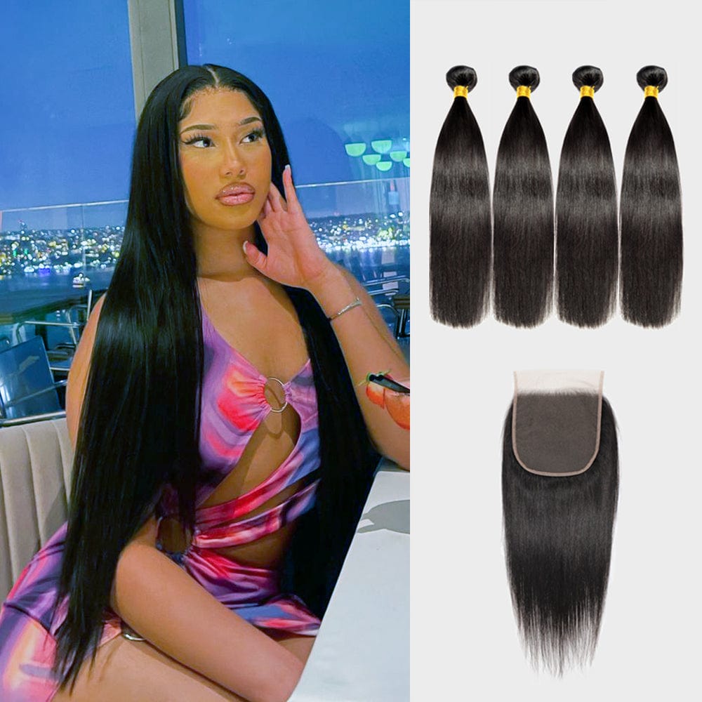 Brooklyn Hair Brooklyn Hair 9A Straight / 3 Bundles with 6x6 HD Lace Closure Look Natural Black