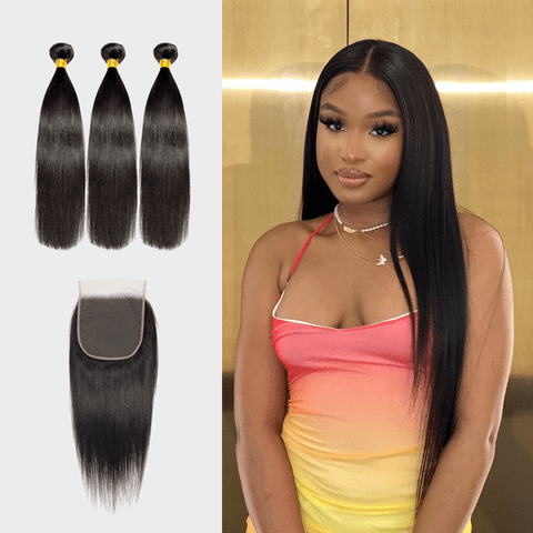 Brooklyn Hair Brooklyn Hair 9A Straight / 3 Bundles with 6x6 Lace Closure Look Natural Black