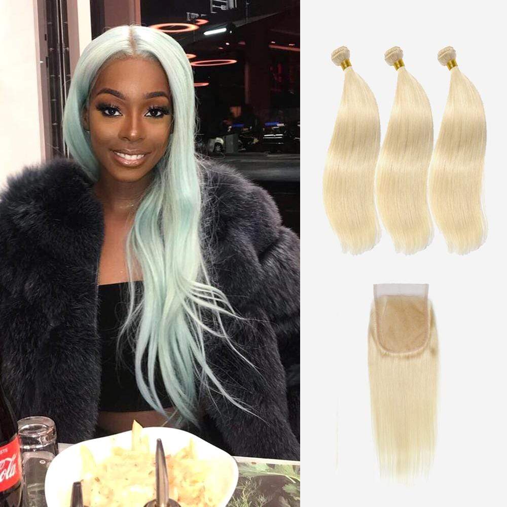 Brooklyn Hair 9A Platinum Blonde #613 Straight / 3 Bundles Hair with 4x4 Lace Closure Look - Brooklyn Hair