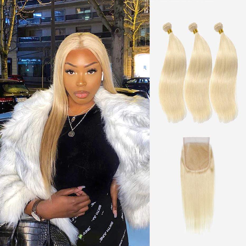 Brooklyn Hair 9A Platinum Blonde #613 Straight / 3 Bundles with 4x4 Lace Closure Look - Brooklyn Hair