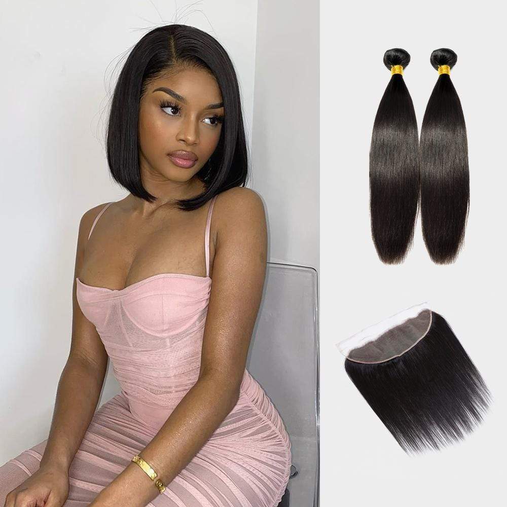 Brooklyn Hair 9A Straight 2 Bundles with 13x4 Lace Frontal Look Reg. Lace Natural Black