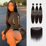 Brooklyn Hair 9A Straight / 3 Bundles with 13x4 Lace Frontal Look by K. Wettt
