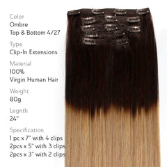 Brooklyn Hair Ombre Color Virgin Straight Clip In Hair Extensions 24" / Ombre 4/27