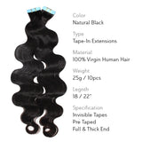 Brooklyn Hair Virgin Body Wave Tape-In Hair Extensions 22" / Natural Black